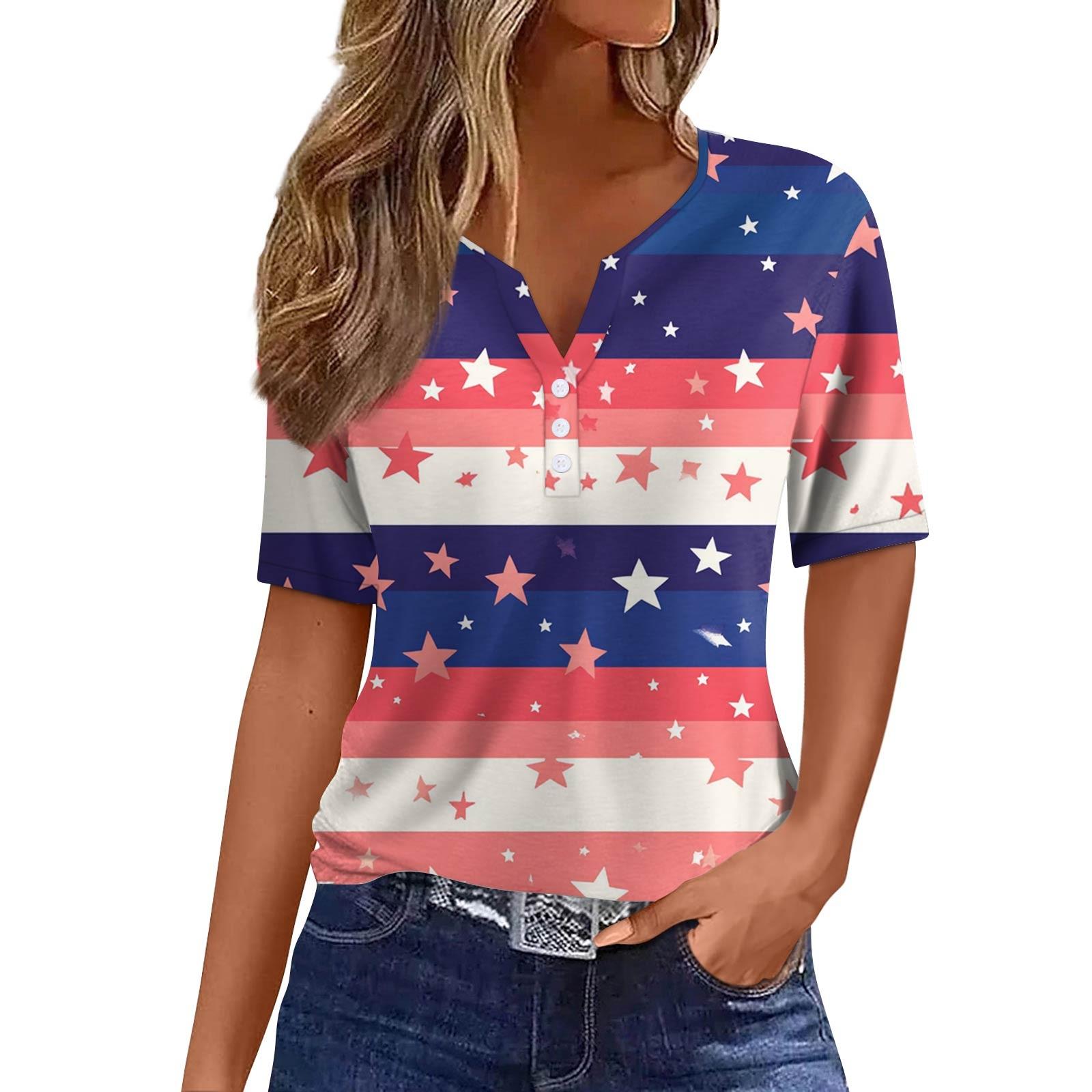 

Женская мода повседневная кофта с принтом «День независимости» с V-образным вырезом и короткими рукавами на пуговицах L