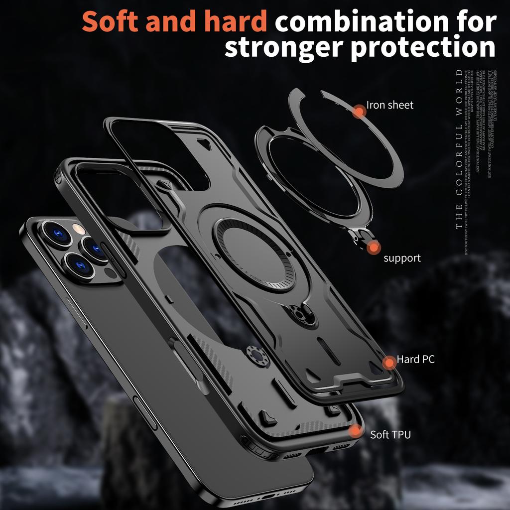Armor Case for iPhone 16 13 12 14 15 Pro Max Plus Magnetic Magsafe Wireless Charging 360 Rotate Kickstand Ring Shockproof Cover