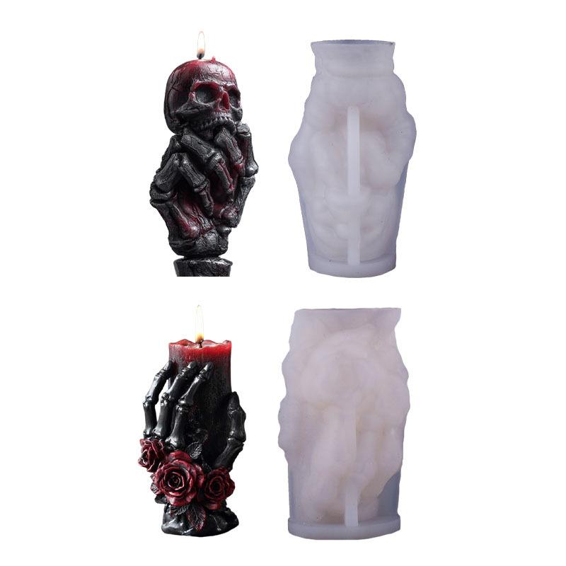 Relief Rose Skeleton Hand Silicone Candle Mold 3D Spooky Hold Skull Plaster Resin Mold DIY Handmade Halloween Gothic Decor Craft