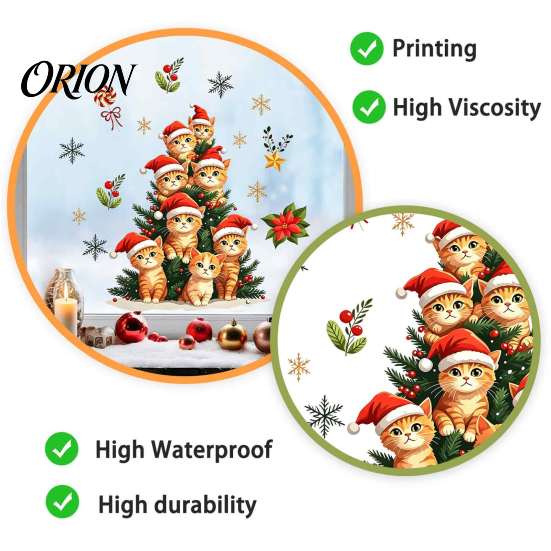 Cat Christmas Tree Decals Static Window Clings, Orange Glass Stickers, Santa Hat Kitten Winter Holiday Ornaments Xmas Decals, Reusable Festive