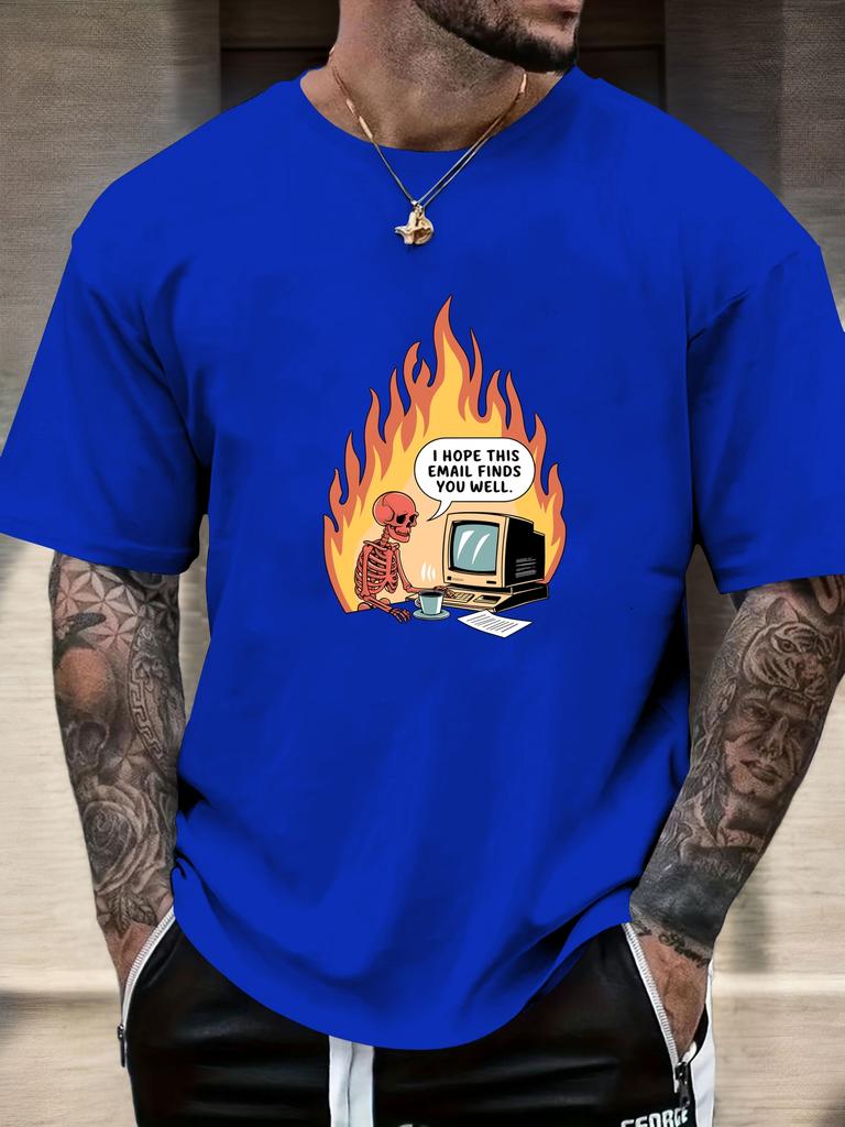 Mens Casual Tshirt Skeleton Flame Email Print Short Sleeve Round Neck Breathable Soft Oversized Humorous Daily Tee