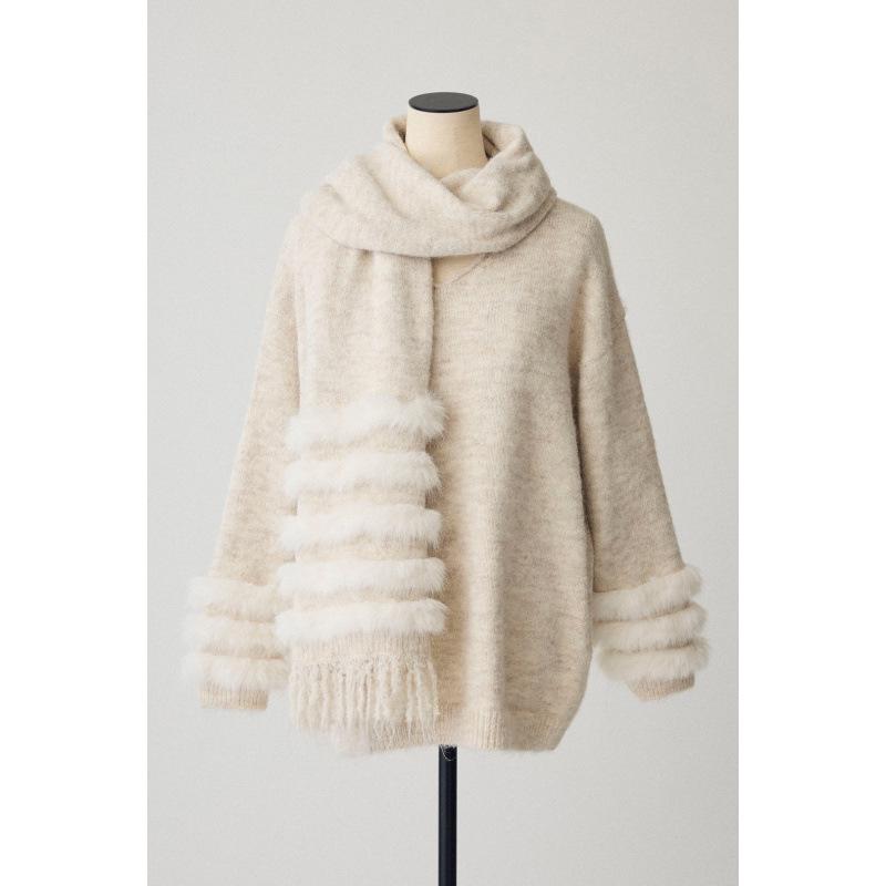 

Women s Faux Fur Scarf & Coat, Loose V-Neck Knitted Sweater Set One Size абрикосовый