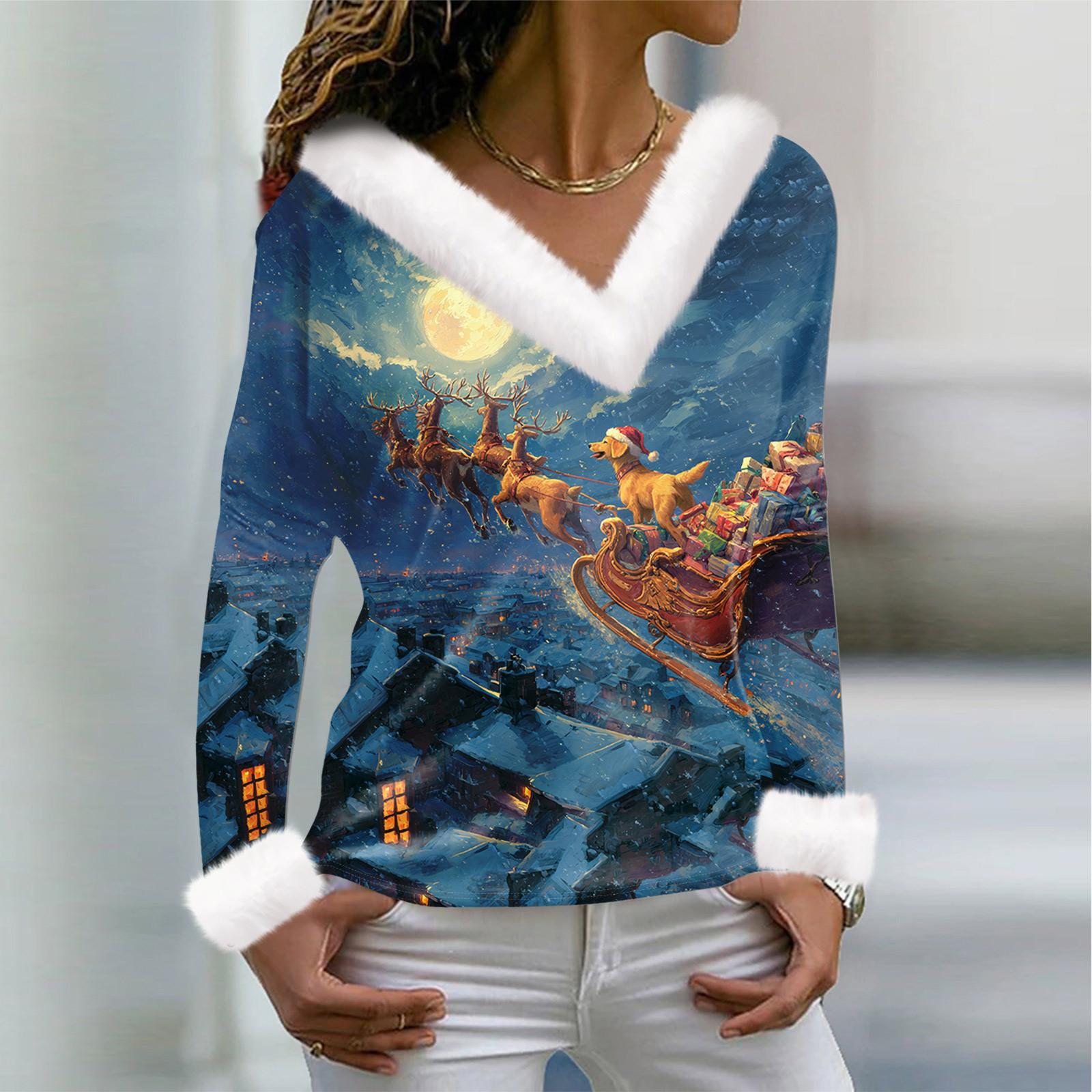 

Женская футболка с рождественским принтом, длинный рукав, флисовый воротник, V-образный вырез, футболка XXL