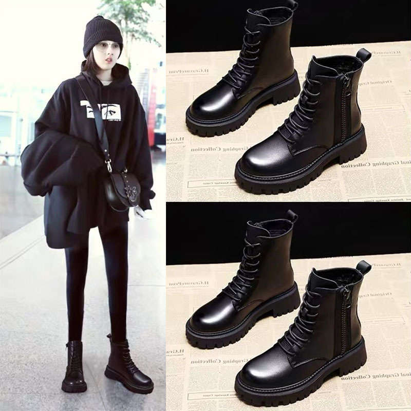 2025 new black Martin boots women's British style velvet cotton boots versatile platform locomotive short boots spring and autumn single boots
