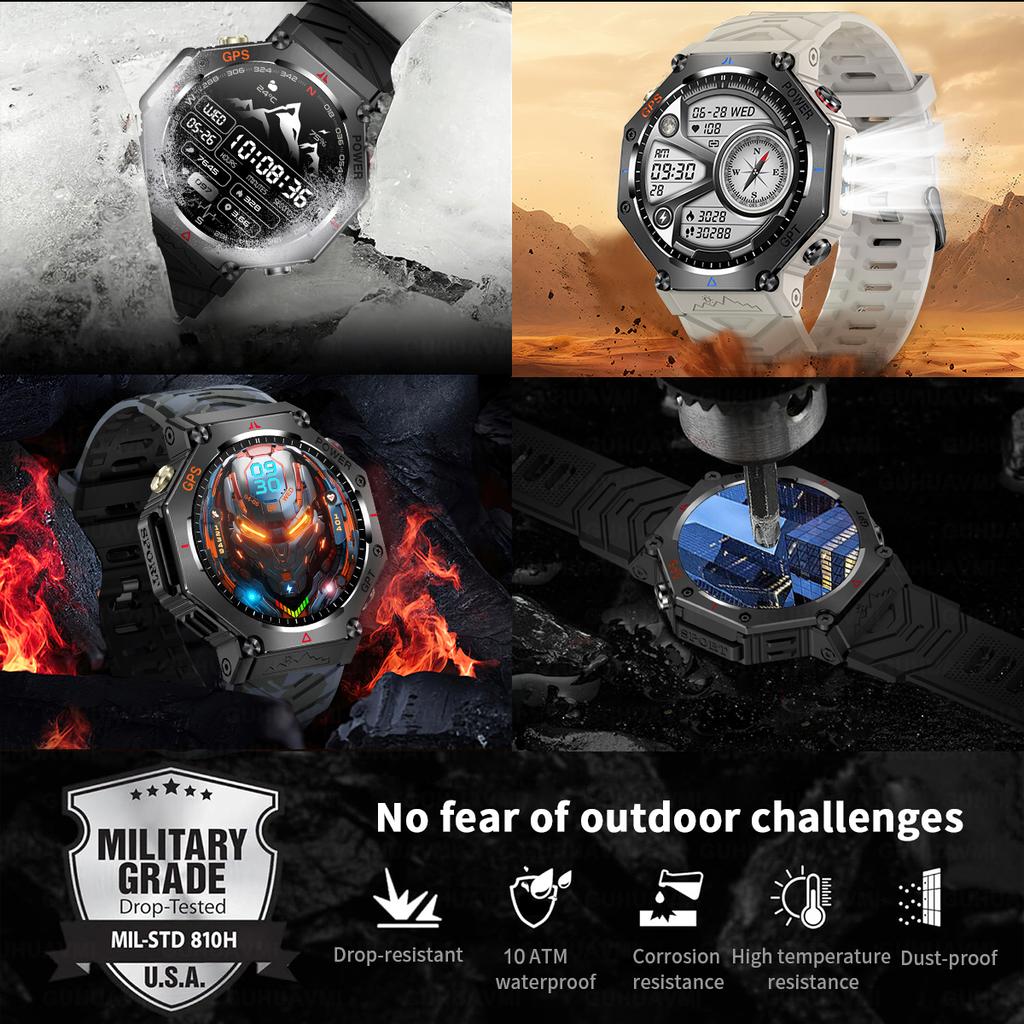 New Bulit-in GPS Outdoor Smart Watch Men Flashlight compass BT call Heart rate 10ATM Waterproof  Sports Smart watch