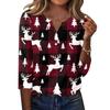 Women's Casual Christmas Print V-Neck T-Shirt with Decorative Buttons and 3/4 Sleeves