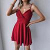 Women's Summer Sexy Cross V Neck Sling Pleated Solid Color Short Dress