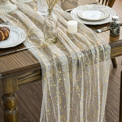 Golden Sequin Glitter Hot Stamping Table Flag Elegant Luxury Mesh Birthday Table Runner Soft European Style Glitter Table Runner