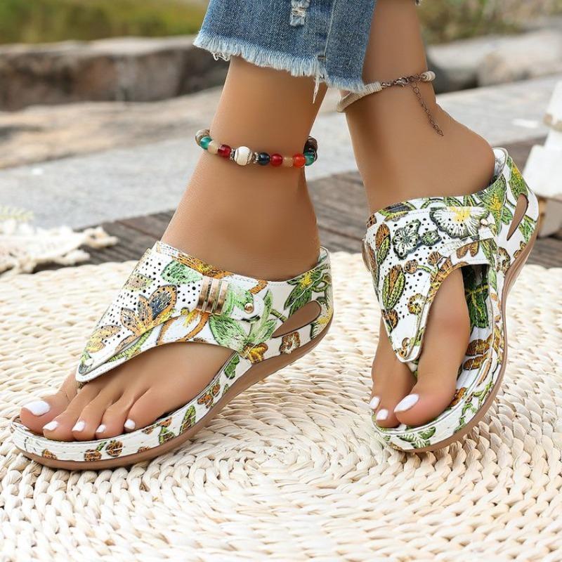 Women's Floral Print Flip Flops Wedge Heel Thong Sandals Casual Summer Beach Slippers Plus Size 43