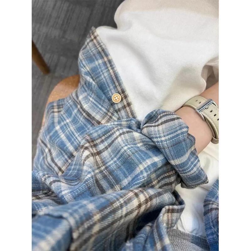 American Vintage Sanding Plaid Shirts Women's Long Sleeve Outerwear 2025 Spring and Autumn Top Blue High-Grade Inner Wear Shirt