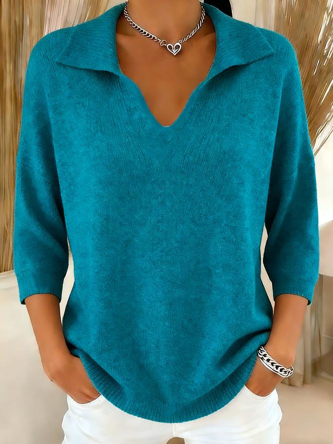 European & American Loose V-Neck Lapel Knit Sweater - Women's Solid Color Pullover for Spring and Autumn