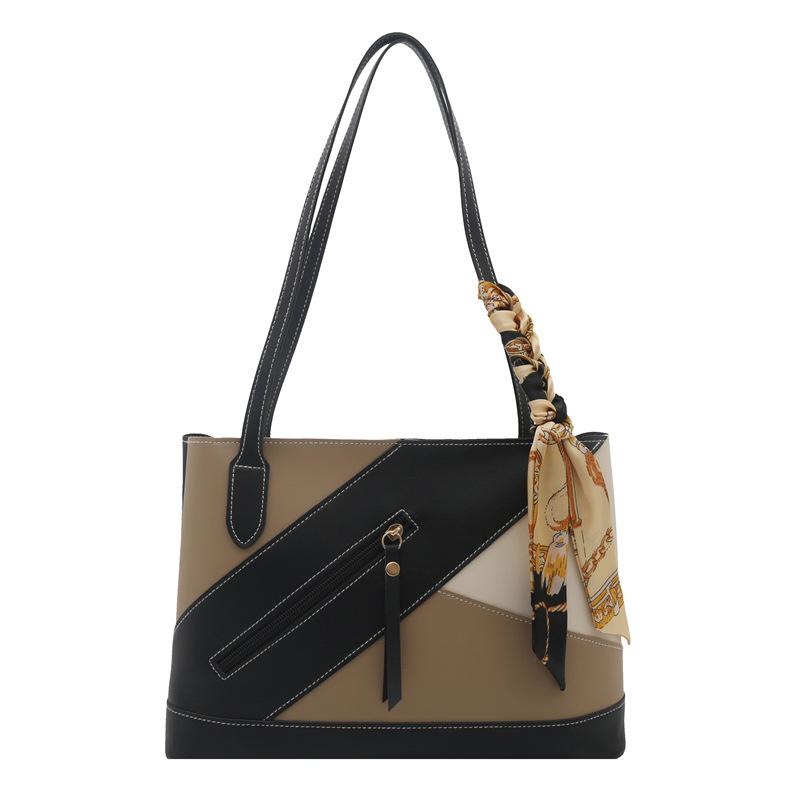 Splicing retro bag Korean niche texture large capacity foreign silk scarf shoulder bag women s fashion tote bag хаки