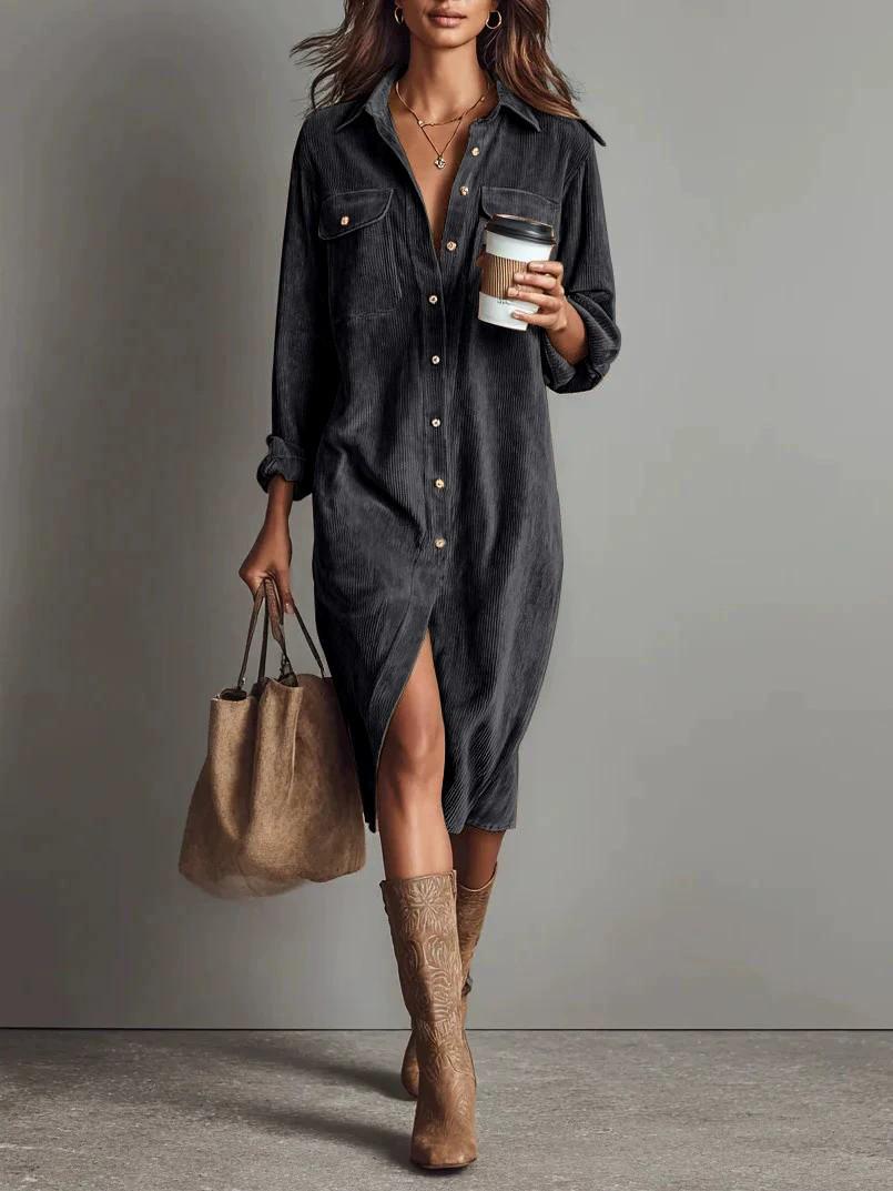 

2025 Solid Color Corduroy Long Sleeve Lapel Dress Shirt and Skirt L
