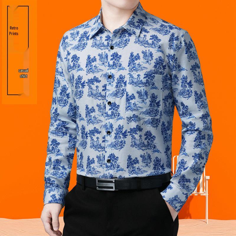 Spring & Autumn Men's Plus Size Printed Cotton Linen Shirt - Business Casual, Long Sleeve.