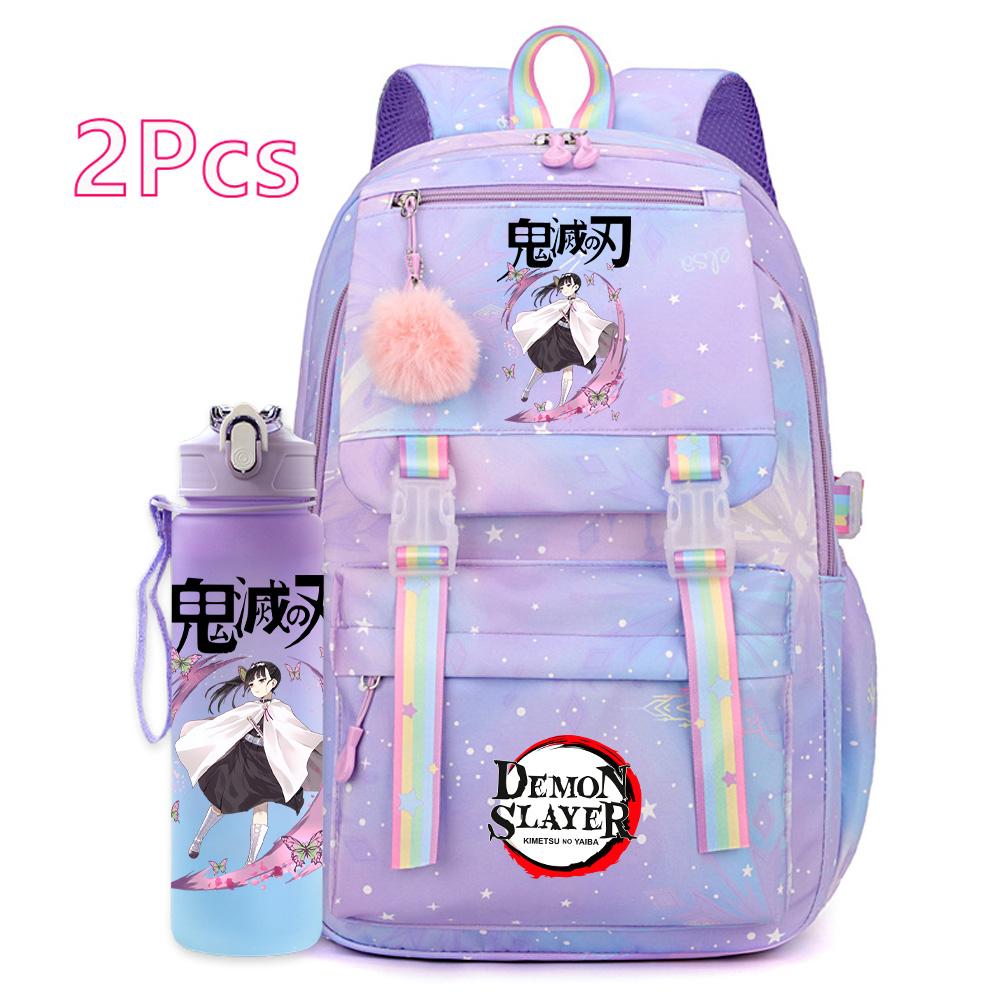 2Pcs/set Cartoon Demon Slayer Printed Backpack with 750Ml Water Bottler for Teenager Girl Boy Large Capacity Waterproof Bookbag Travel Bag Gift