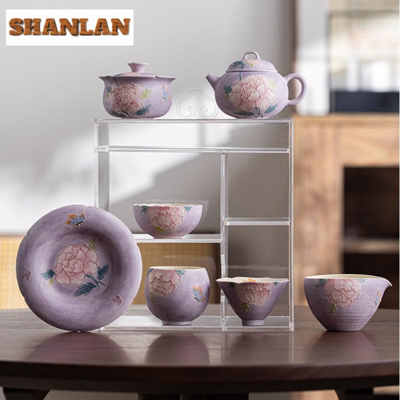 170ml Hand-painted Carved Peony Teapot Vintage Tea Infuser Pot Tea Soaking Kettle With Ball Hole White Tea Drinkware Ornaments