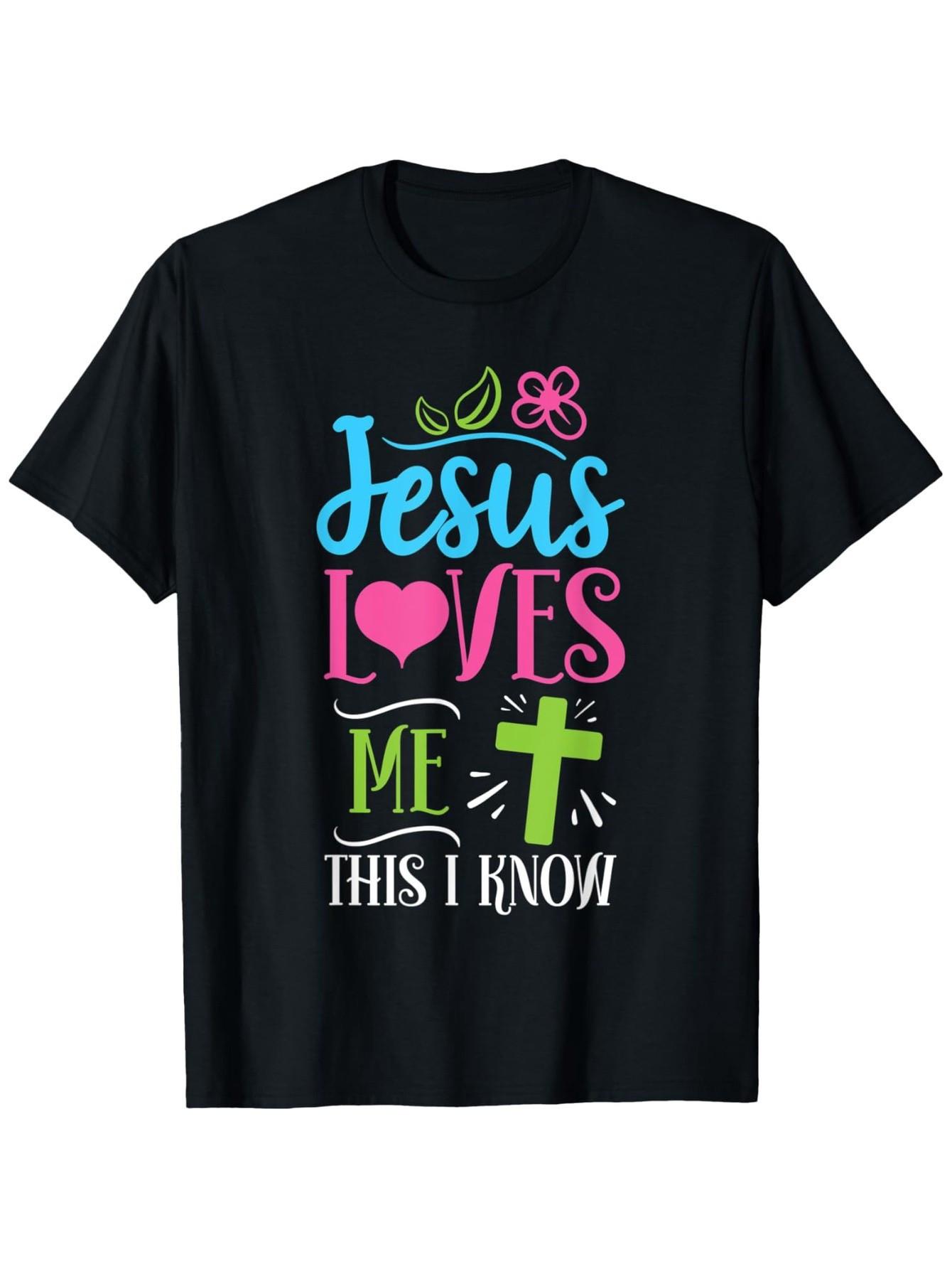 Jesus Loves Me This I Know TShirt  Black Inspirational Christian Tee with Colorful Typography  Symbols Soft Cotton Round S