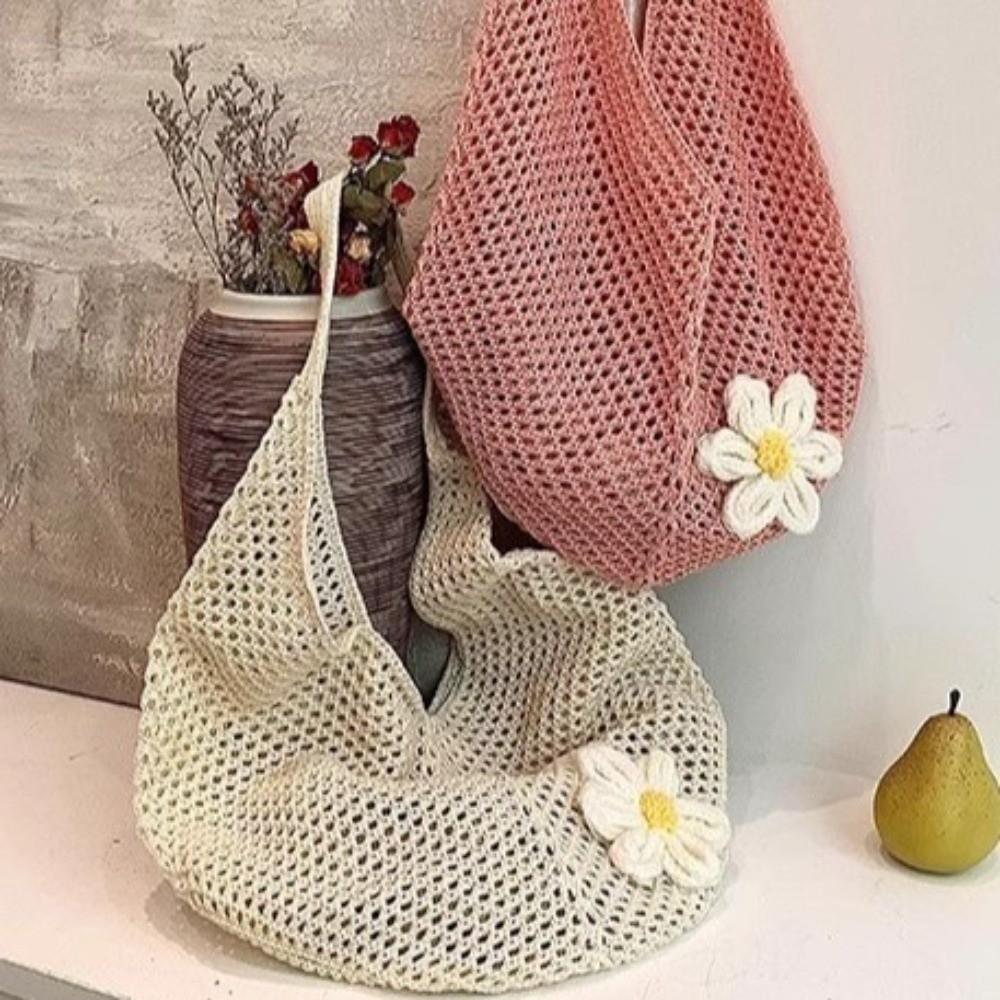 Solid Color Knitting Shoulder Bag Flower Large Capacity Bohemian Crochet Tote Bag Versatile Hollow Out Casual Woven Handbag