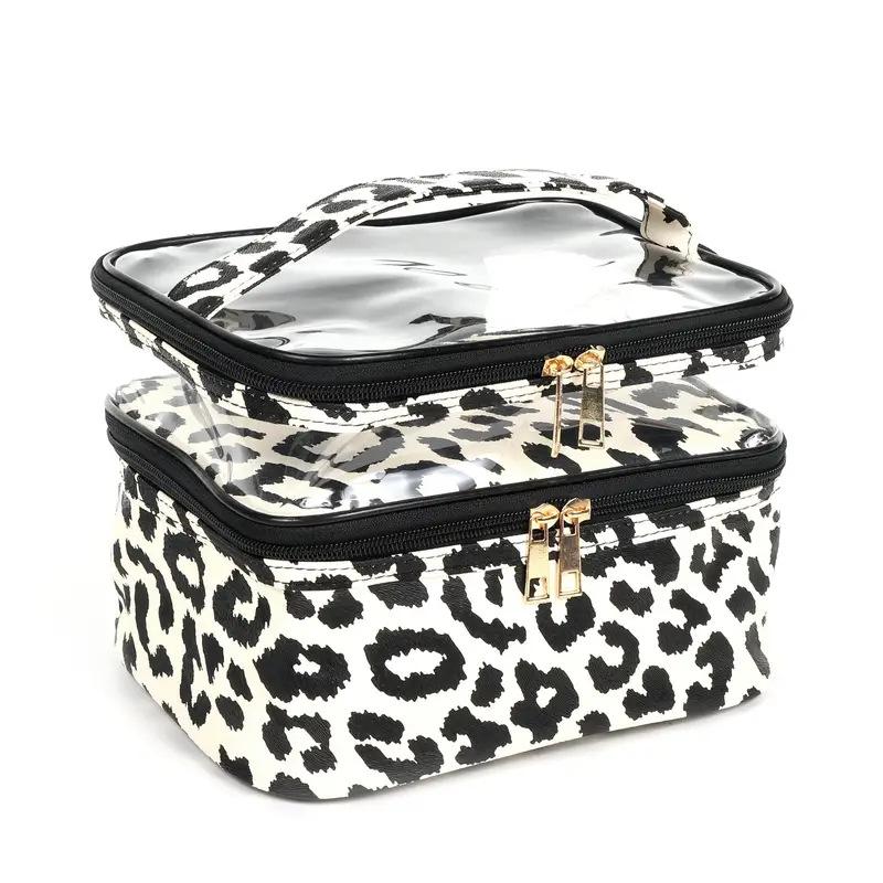 Double Layer Makeup Bag Leopard Print PVC Transparent Large Capacity Waterproof Toiletry Bag Portable Makeup Storage Bag 22x18x3cm