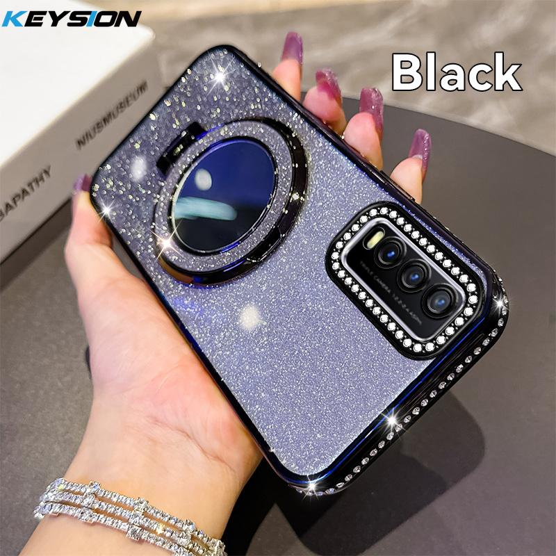 

KEYSION Luxury Glitter Jewelled Magnetic Phone Case for VIVO Y20 Y20sG Y20i Y11S Y12S Makeup Mirror Ring Stand Shockproof Cover for VIVO Y20 чорний
