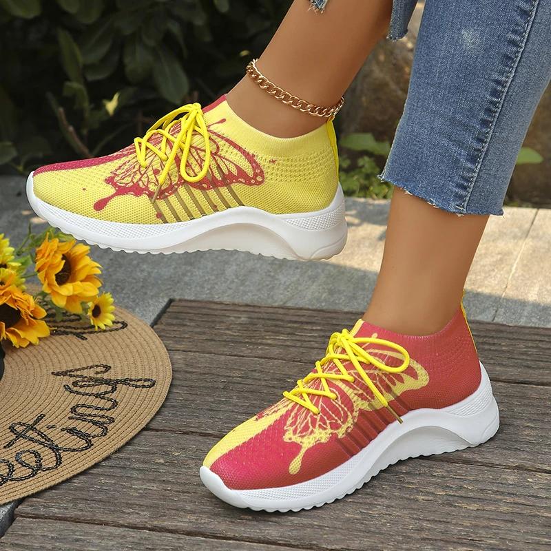 Fashion Fashion Butterfly Print Women's Sports Shoes Summer Mesh Breathable Knitted Sneakers Woman Plus Size Mix Color Platform Sneakers