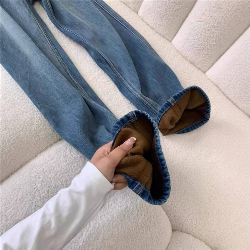 2025 Women's High Waist Retro Blue Fleece-Lined Straight Leg Jeans for Autumn/Winter - Slim Fit and Wide Leg