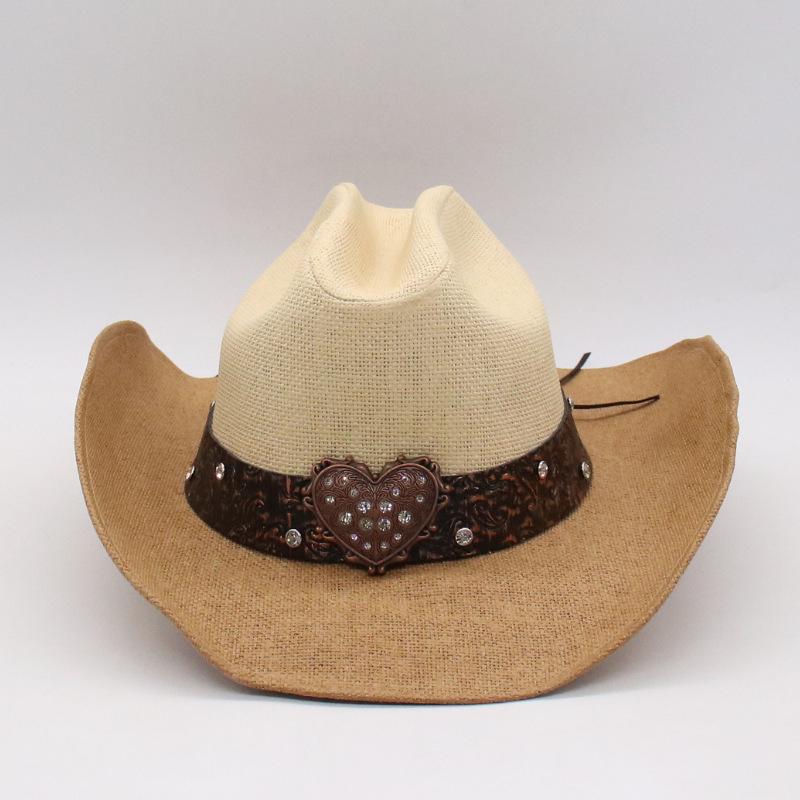 One-Word Straw Hat Cross-Border Manufacturer Wholesale Two-Color Splicing Denim Big Love Straw Hat Women'S Mountain Climbing Sun Protection Hat