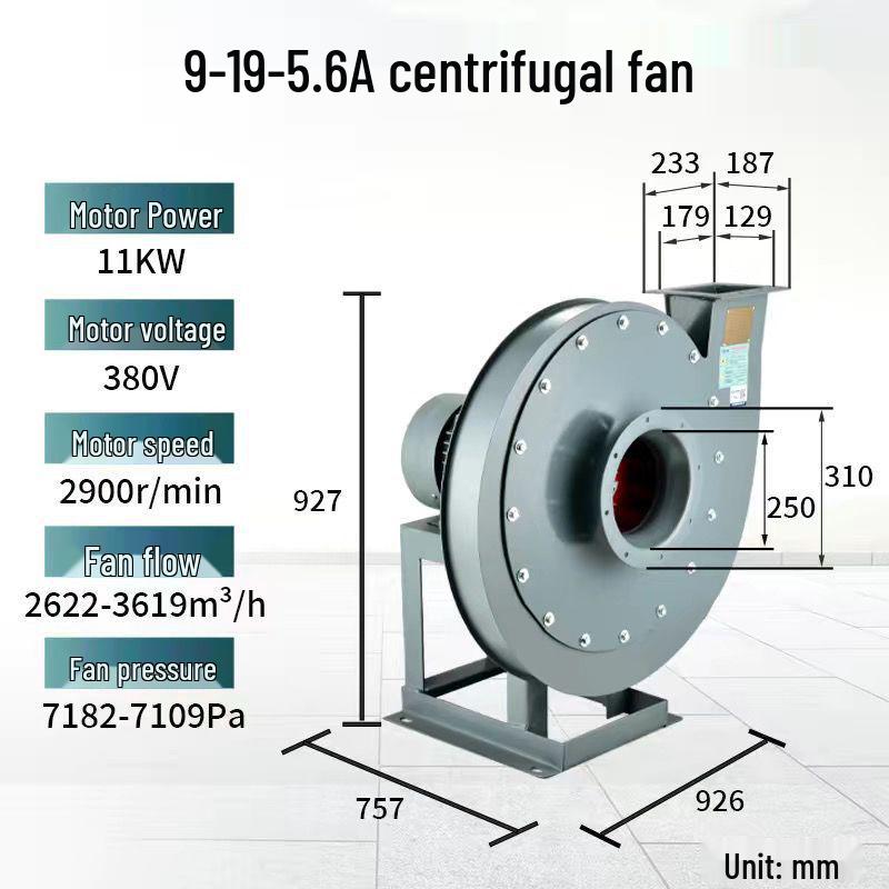 High-Pressure 9-19 Centrifugal Fan Blower 380V for Exhaust, Material Conveying, Pellet Blowing, and Industrial Draft.