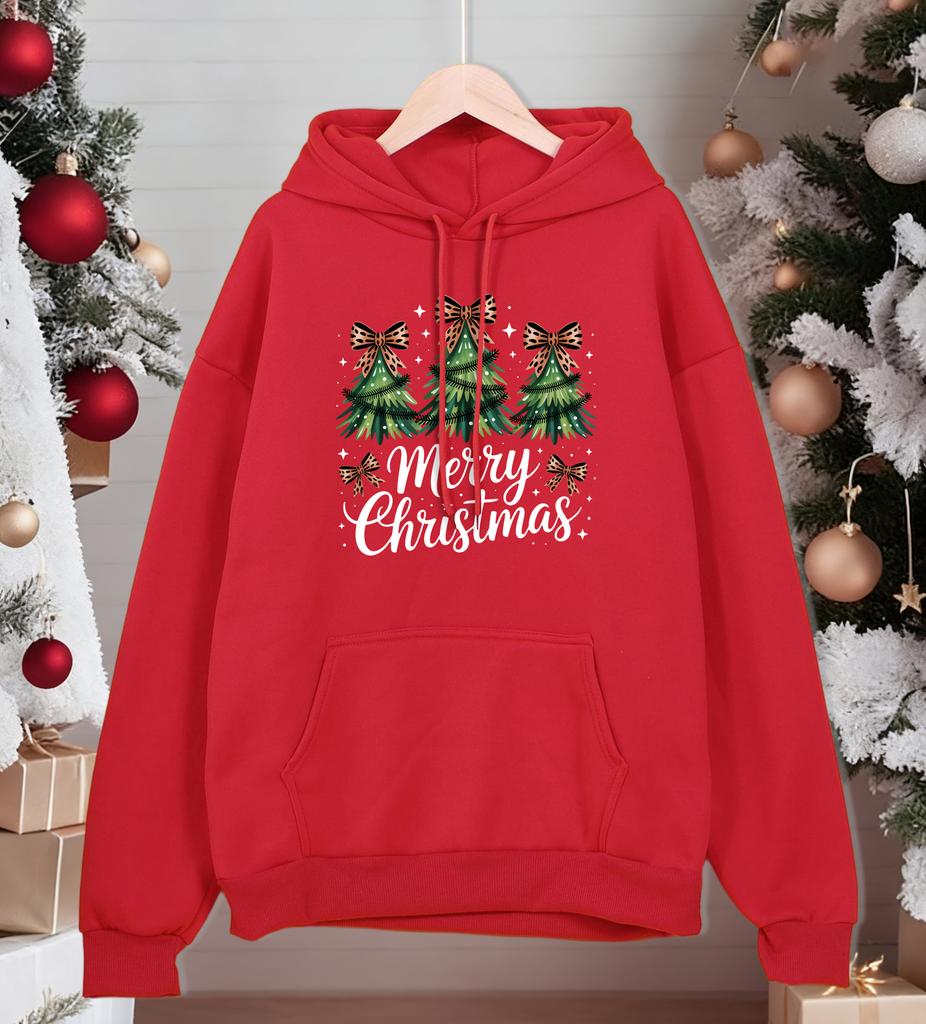 Merry Christmas Bow Trees Printing Hoodiy Men Loose Pocket Hoodies Casual All-Match Man Sportswear Fleece Fashion Pullovers