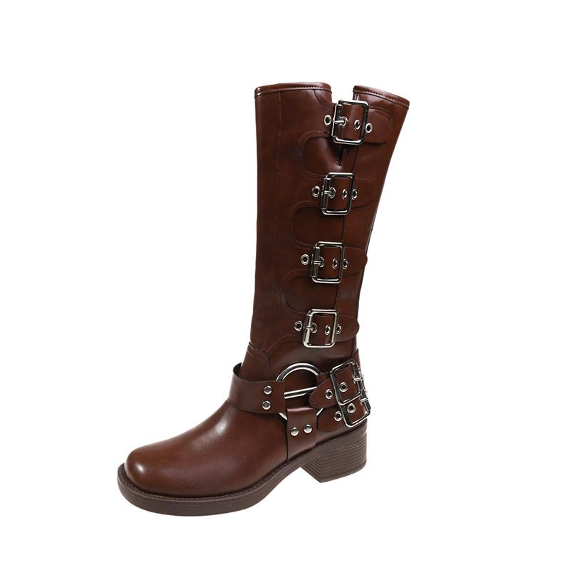 Dámské kozačky ke kolenům vysoká platfora s hřebínky jaro léto rytíř bojová gotika elegantní střední podpatek dámské boty motocyklová obuv