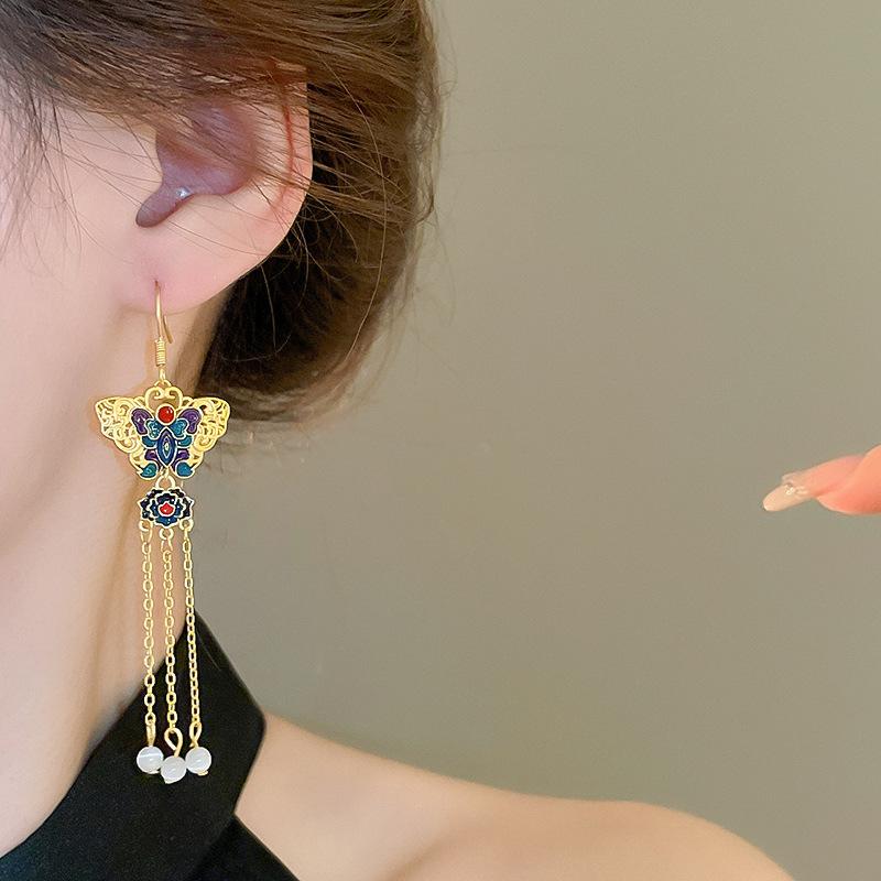 Butterfly Lotus Tassel Ear Hook Earrings Real Gold Temperament High-end Earrings for Women