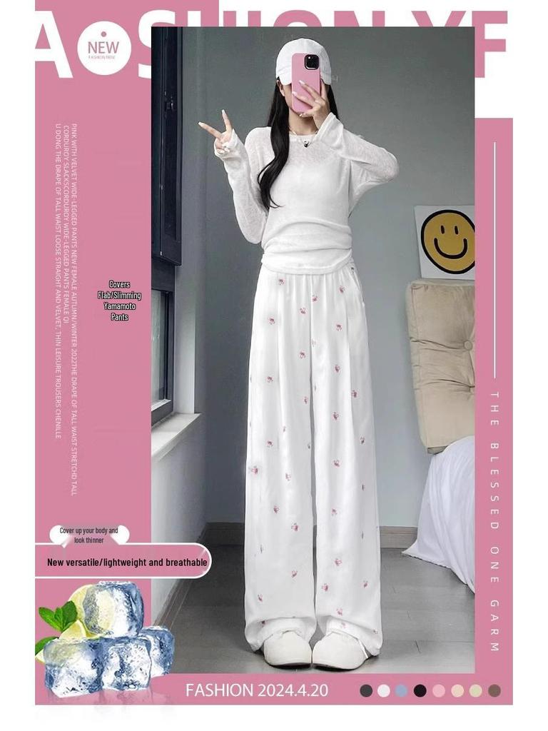 White Floral High-Waisted Yamamoto Summer 2025 Bowknot Wide-Leg Casual Pants