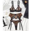 Sexy Women’s Leopard Print Lingerie Set Lace Patchwork Underwear Low Cut Push Up Three Piece Set