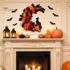 Autumn Door Decoration Halloween Black Cat Moon Wreath, Gothic Crescent Wreath with Spooky Wall Hanging Artificial Rose Flowers for Home Front