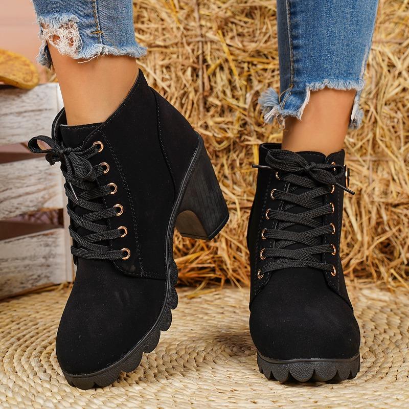 Plus Size Fashion Lace-Up Front Buckle Booties Women's Round Toe Platform Non-Slip Block Heels