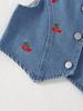 Two-piece Set for Girls: Sweet Cherry Embroidered Button-down Sleeveless Top and Versatile Retro Blue Denim Shorts with Rolled-up Cuffs.
