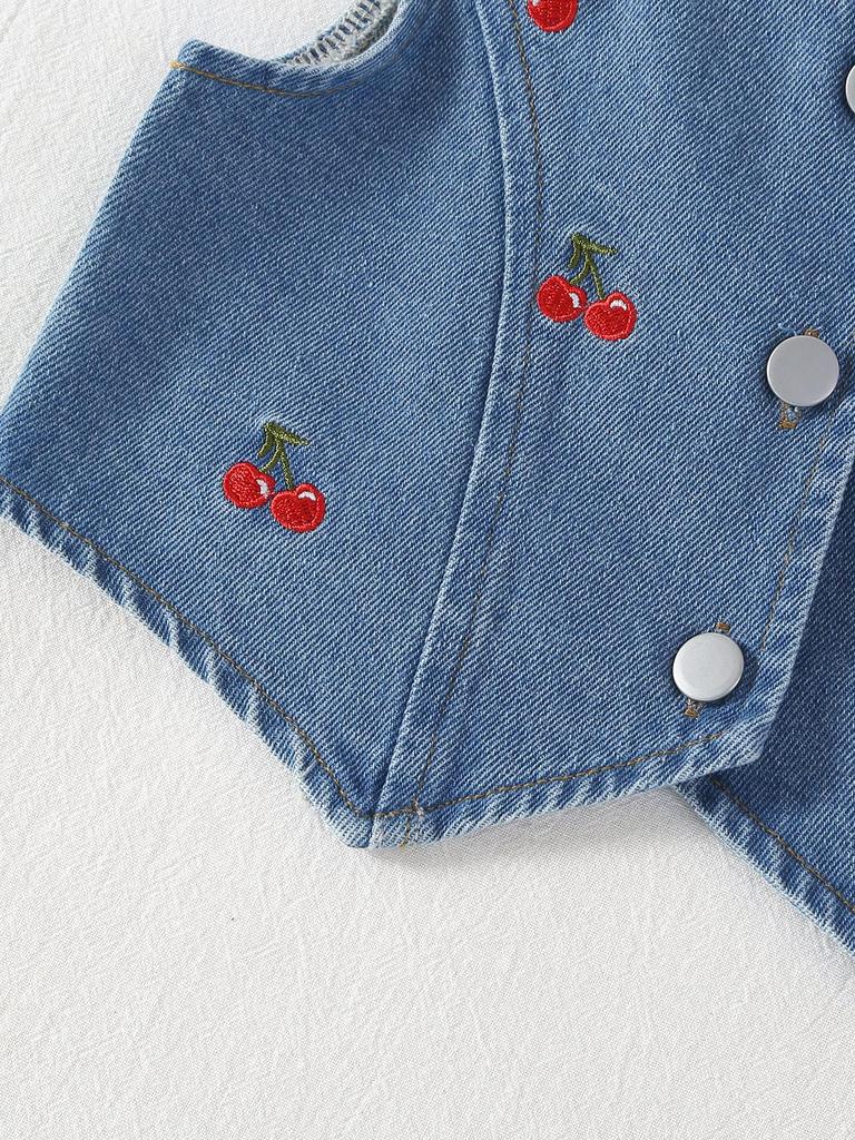 Two-piece Set for Girls: Sweet Cherry Embroidered Button-down Sleeveless Top and Versatile Retro Blue Denim Shorts with Rolled-up Cuffs.