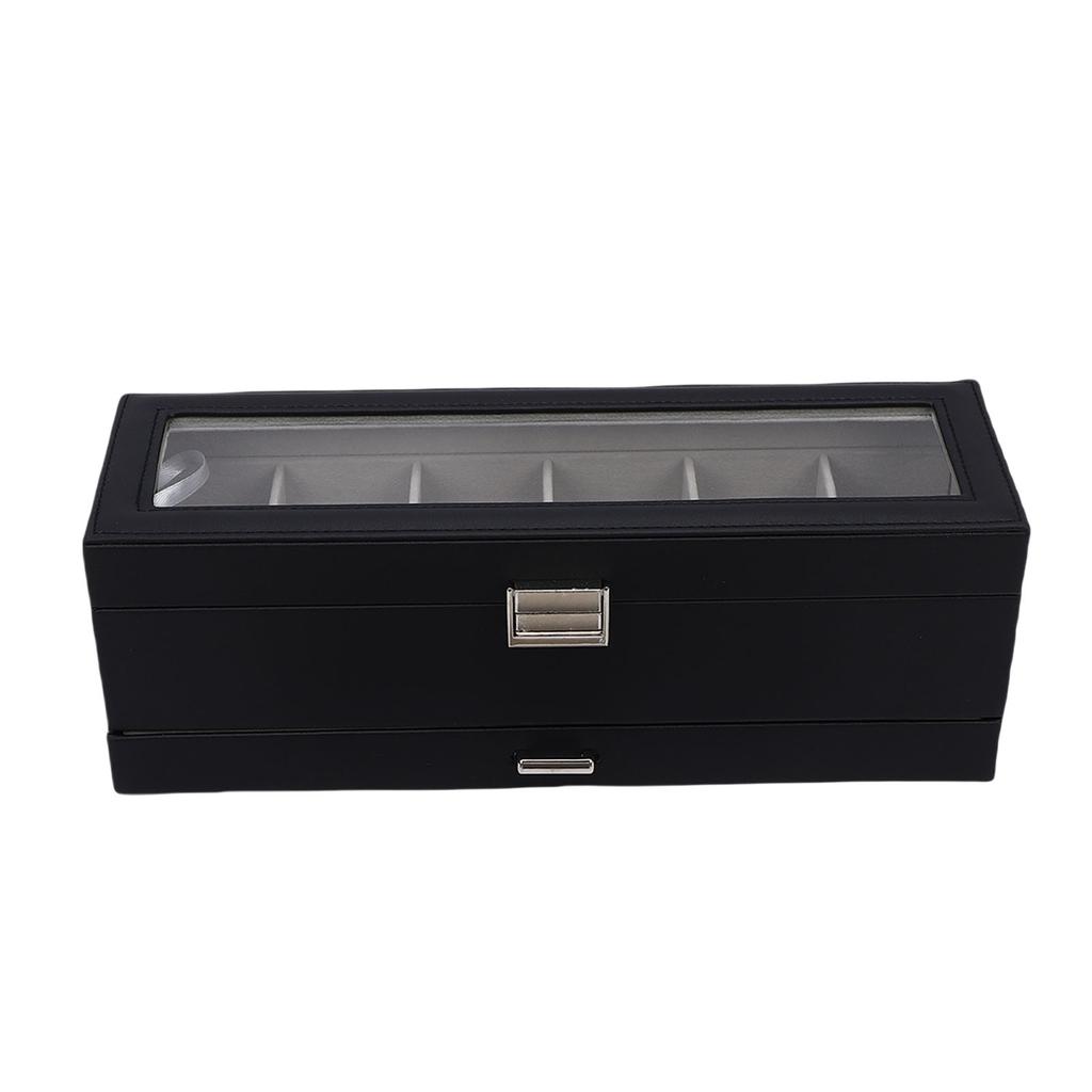 Watch Box 6 Slot Watches Display Case 2 Layer Jewelry Organizer Storage Holder Organizer Black