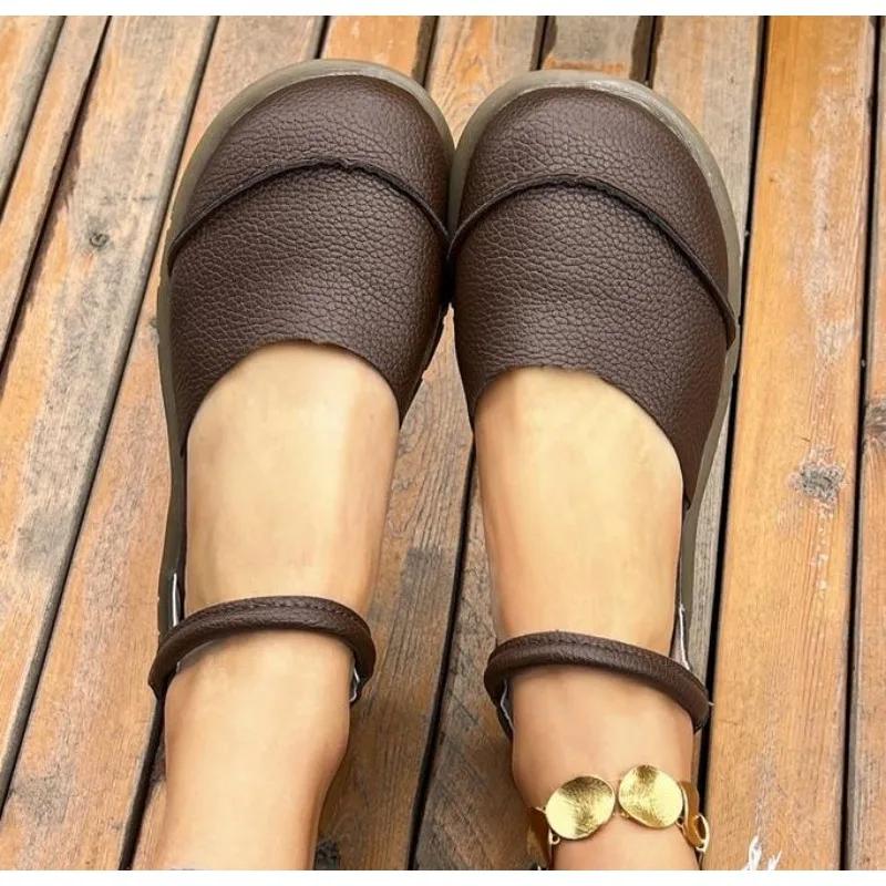 Retro Handgefertigte Weiche Leder Flache Sandalen 2025 Sommer Neu Lässig Vielseitig Bequem Weiche Sohle Damen Flache Schuhe