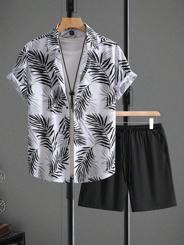 Summer Fashion Men's Suit Elegant Plant Printing Pattern Short-sleeved Lapel Shirt And Drawstring Shorts Leisure Two-piece Suit