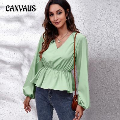 Spring and Autumn Women's Blouse Lantern Sleeve Solid Colour Waisted V-Neck Long Sleeve Top