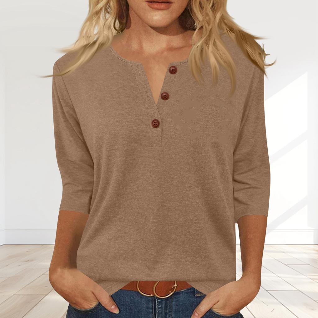 Women's Fashionable Casual Button-down Collar Three-quarter Sleeve T-shirt Top