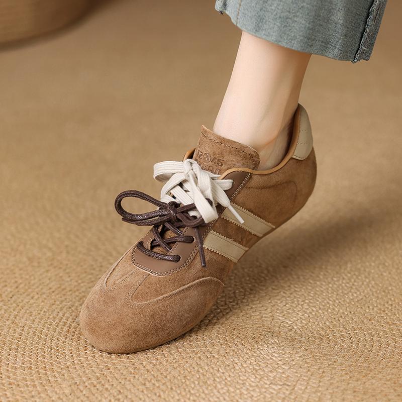 Fashion Women's Sneakers 2025 New Genuine Leather Ladies Moral Training Shoes Casual Spring Flat Shoes Women Lace-up Round Toe Pumps