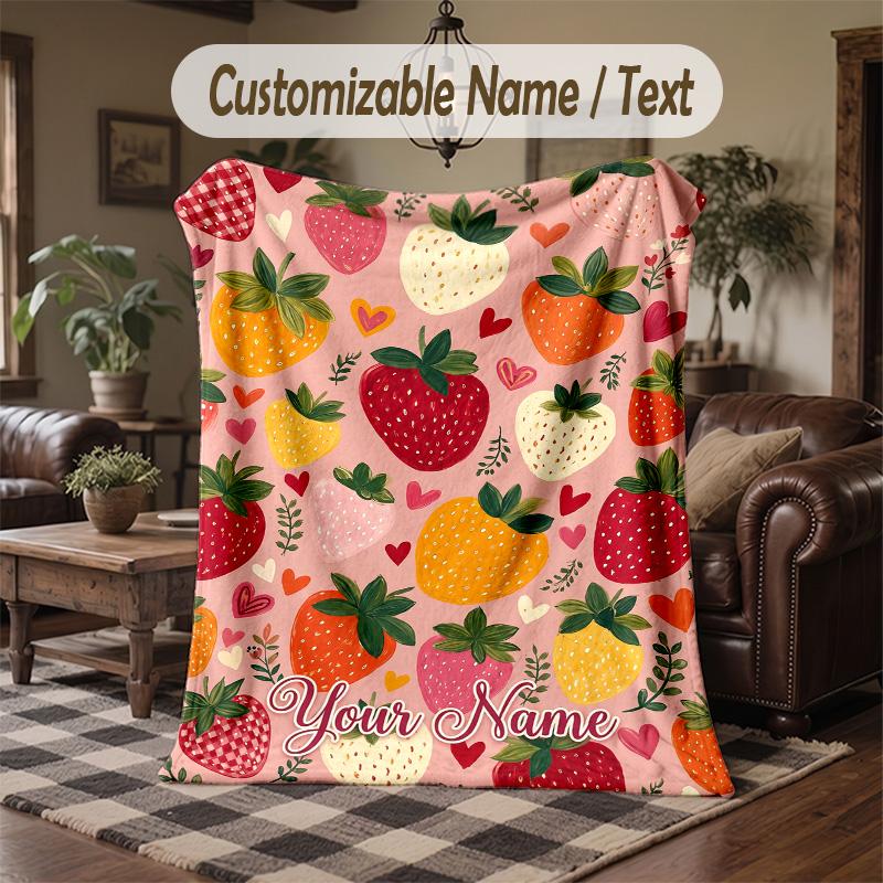 Strawberry Garden Theme Throw Blanket Custom Name Text Personalized Blanket Soft Cozy Blanket for Home Sofa Bed