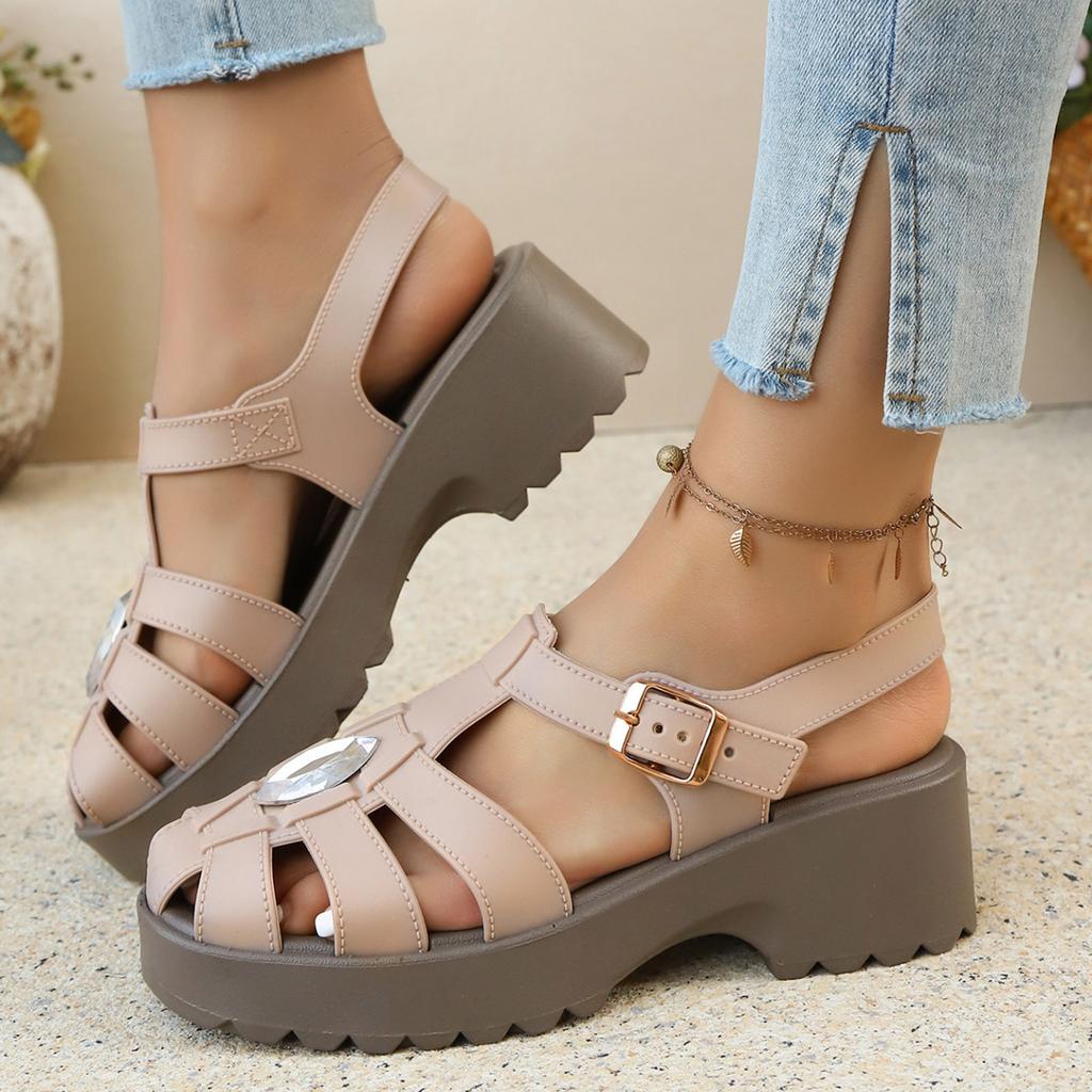 Women Stylish Platform Sandal Beige Openwork Design Comfortable Height Enhancing And Versatile Wedges For Womens Sandals Heels