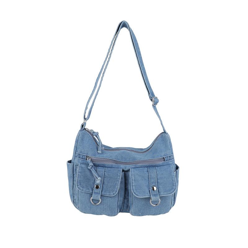 Retro Denim Bag Multi-pocket Messenger Bag Student Popular Messenger Bag Fashionable Versatile Large Capacity Commuter Shoulder Bag