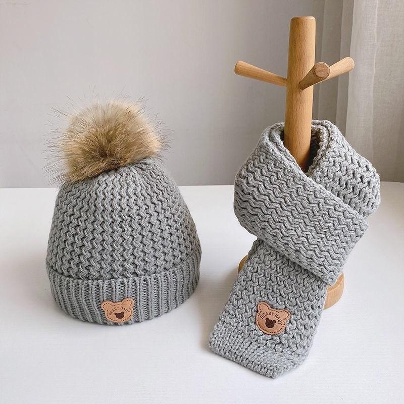 Winter children's hats, piled and thickened two-piece sets, baby hats, bear wool hats, thermal hats, sets