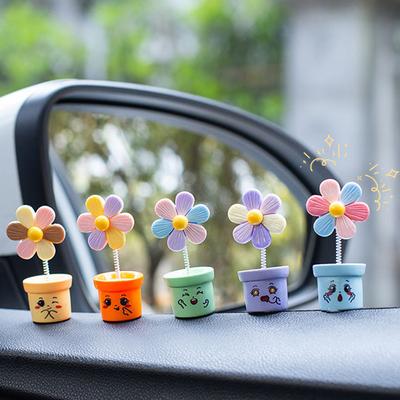 5Pcs Cartoon Shaking Head Colourful Flower Ornament Car Interior Decoration Spring Shake Head Sunflowers Decor Double-sided Tape