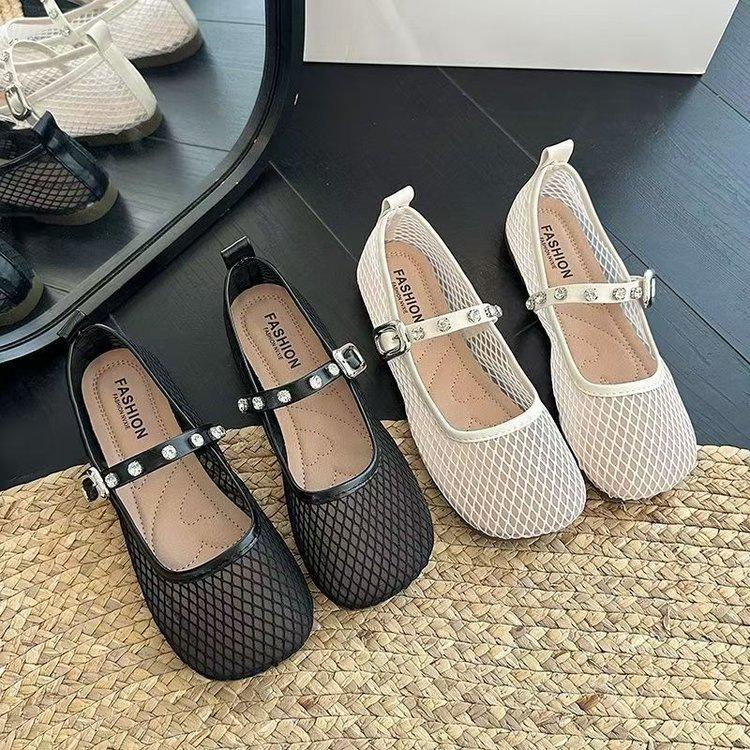 French Flat-bottomed Soft-soled Comfortable Beanie Shoes Women's 2025 Fashion New Mesh-like Soft-soled Versatile Mary Jane Shoes