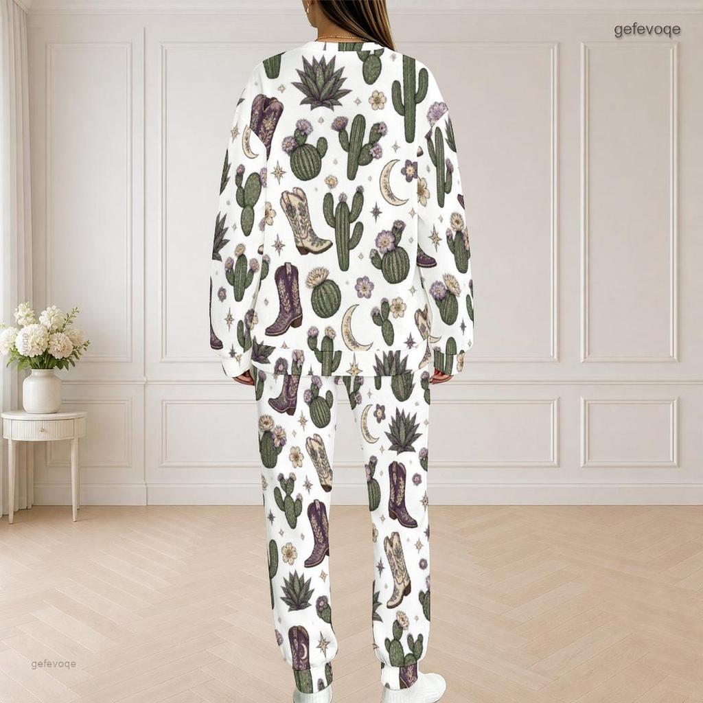 Women Plus Size Printed Two Piece Set Round Neck Long Sleeve Top And Long Pants